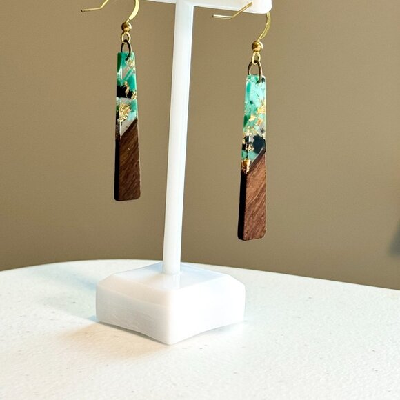 Handmade Retro Walnut Gold Leaf Turquoise Black Resin Boho Trapezoid Earrings - Picture 5 of 6